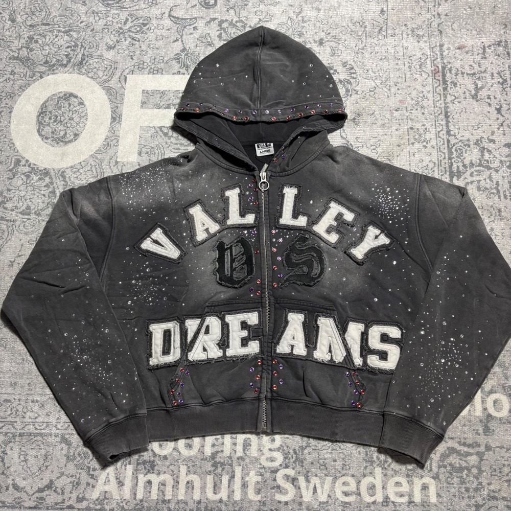 Vale USA Valley Dreams Rhinestone Zip Hoodie Mens Large Faded Black Distressed L